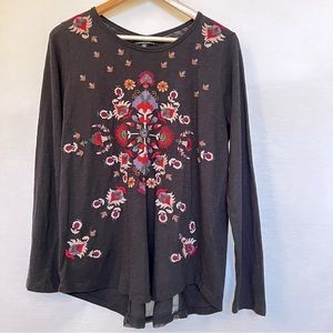 Lucky Brand Black Embroidered Floral with Sheer Back Top.  Size L